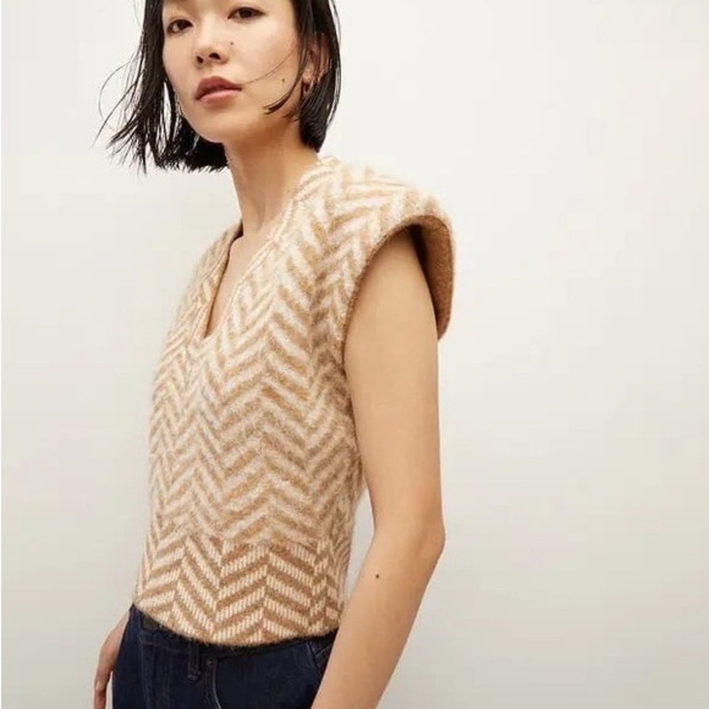Veronica Beard Dutton Sweater Vest Camel 2-Tone Herringbone V Neck Alpaca Small